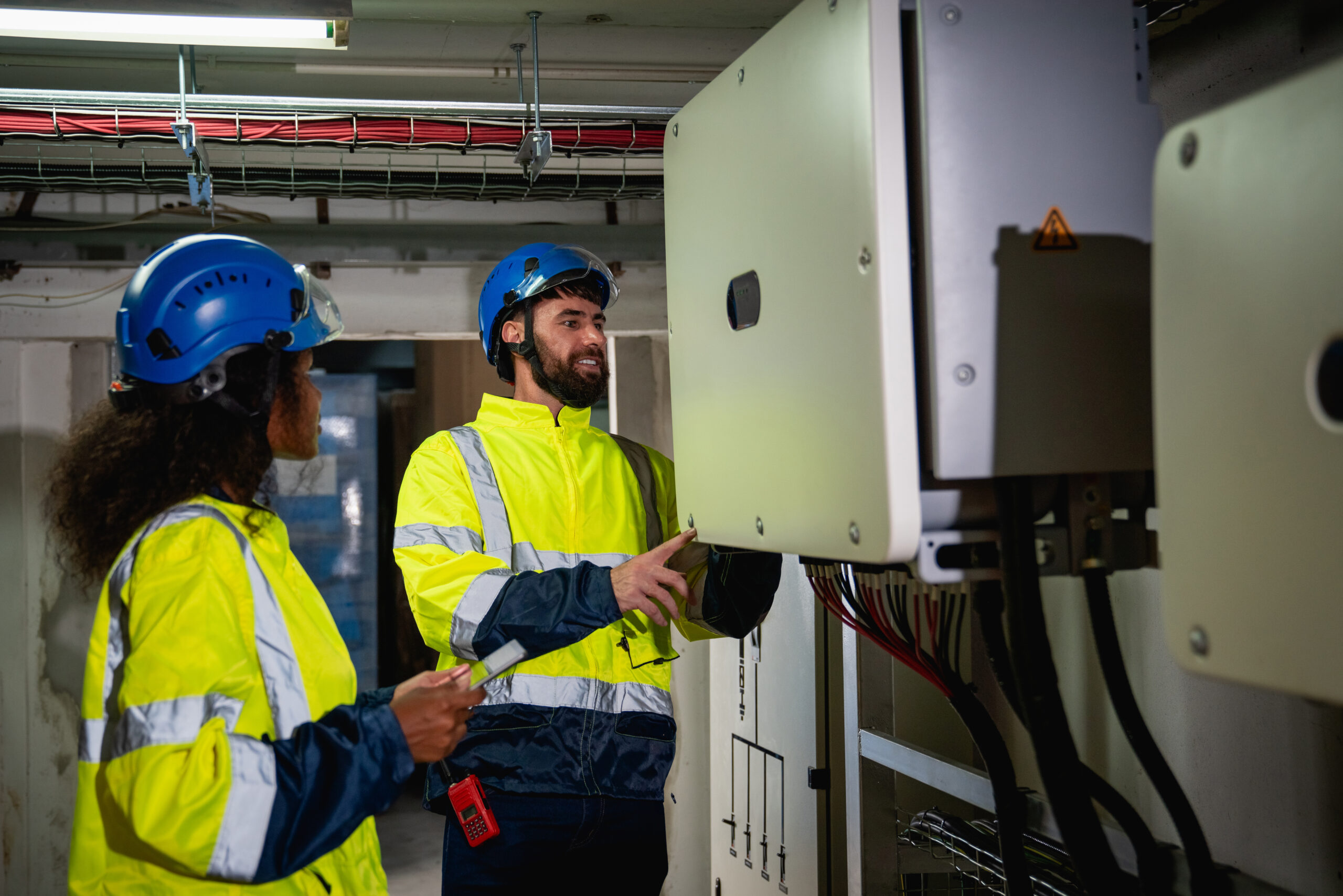 Engineers inspected the electrical switchboard and verified the operational voltage range. Technician setting electrical in inverter solar panel room